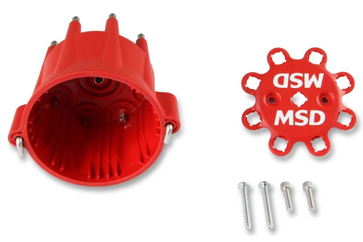 BCCX 8433 MSD Distributor Cap - V8 - HEI Terminals - Red - Spark Plug Wire Retainer thumbnail 2