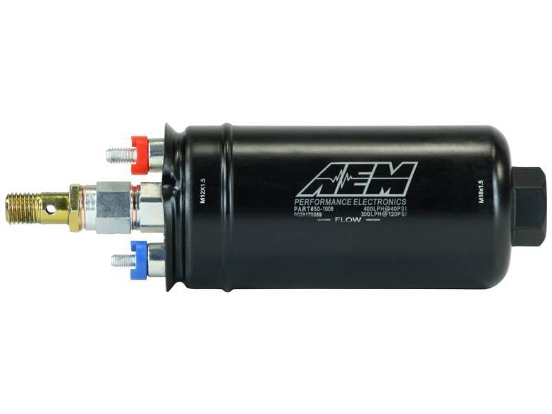 AEM 50-1009 AEM 400LPH High Pressure Inline Fuel Pump - M18x1.5 Female Inlet to M12x1.5 Male Outlet