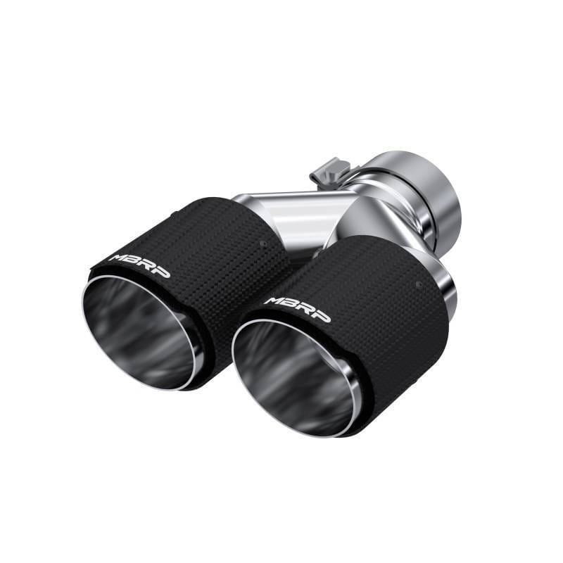MBRP Exhaust pT5182CF MBRP 3in ID / Dual 4in OD Out Staggered L 9.87in / R 9.37in Dual Wall Carbon Fiber Univ Exhaust Tip