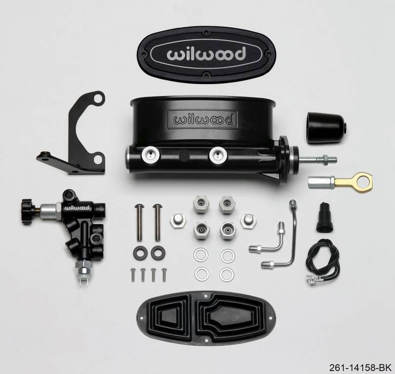 Wilwood 261-14158-BK Wilwood HV Tandem M/C Kit w L/H Bracket & Prop Valve - 15/16in Bore Black-W/Push. - Early Mustang