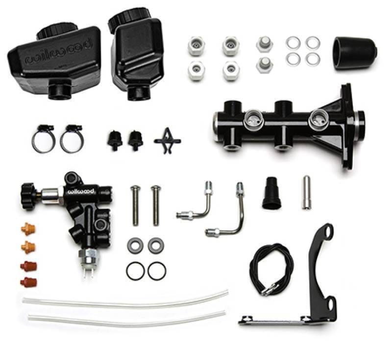 Wilwood 261-16963-BK Wilwood Remote Tandem M/C Kit w/Bracket and Valve - 1.12in Bore Black