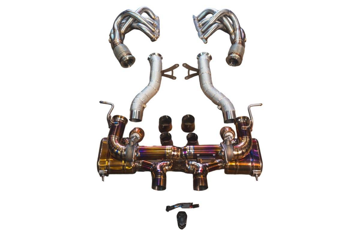Valvetronic Designs Ferrari 458 Italia 4.5L Full Exhaust System With Free Flow Headers, Grade 5 Titanium, OEM Style Tips FER.458.VSES.FFH.TI