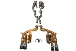 Valvetronic Designs Ferrari 599 GTB Fiorano, 6.0L Full Exhaust System With Free Flow Headers, T304 Stainless Steel Finished in Anodized Gold, Titanium Bespoke OEM Style Valvetronic Tips FER.599.VSES.FFH.AG