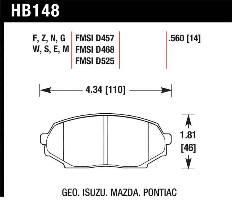 Hawk Performance kHB148G.560 Hawk 90-93 Geo Storm / 90-92 Isuzu Impulse / 90-93 Mazda Miata DTC-60 Front Race Brake Pad thumbnail 7